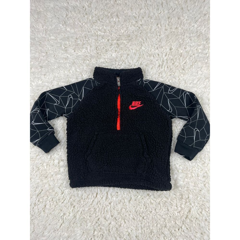 Nike Sherpa Fleece‎ Quarter Zip Pullover Geometric Print Sleeves Black Red 24M